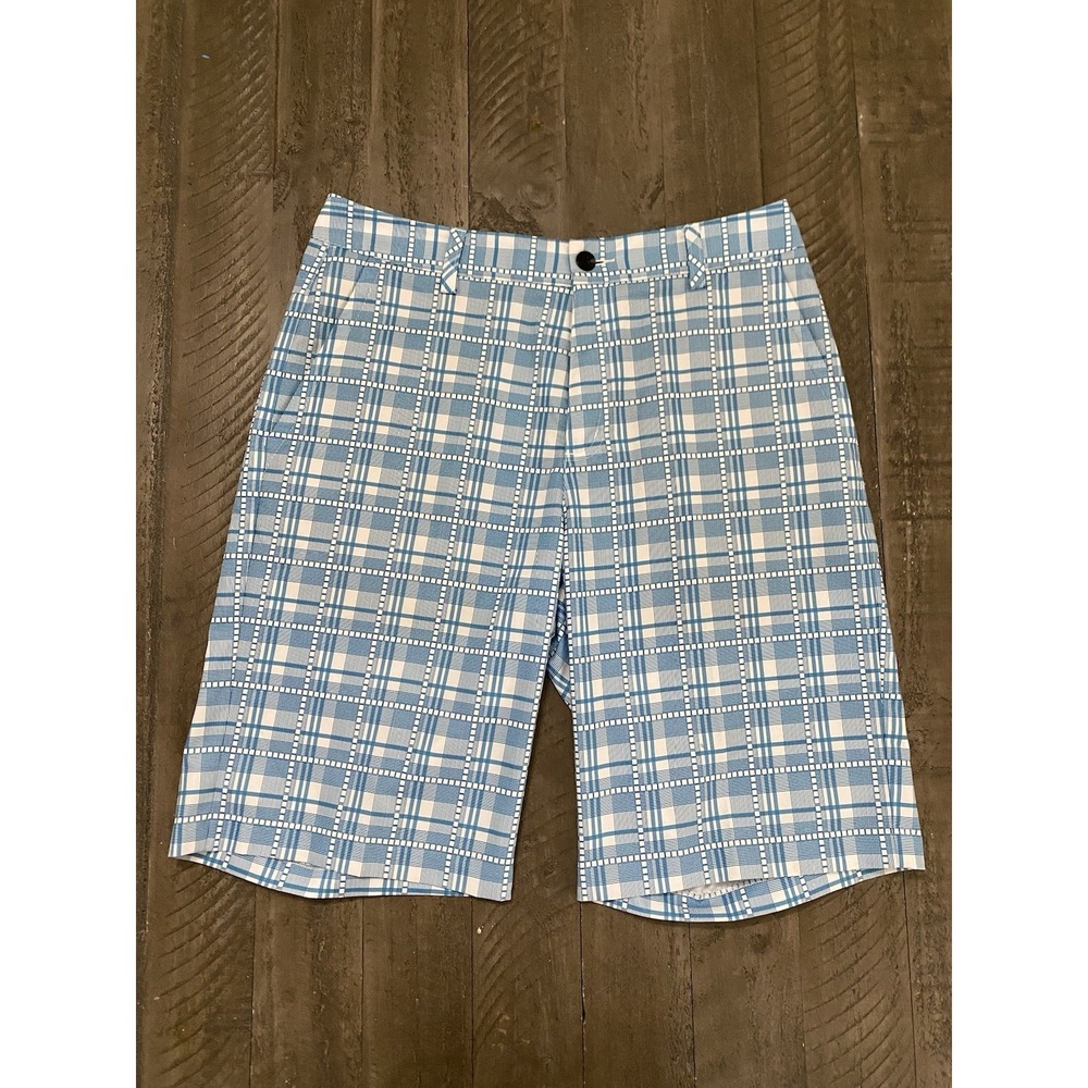 ADIDAS CLIMALITE Men's Flat Front Golf Shorts Blue White Plaid Size 30 02021009